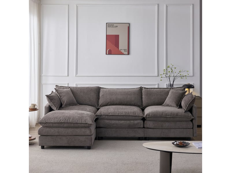 Canapé d'angle modulable 3 places avec méridienne et pouf - chenille gris - 267x154x85 cm - Conforama D