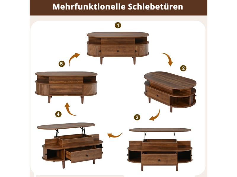  Table basse ovale relevable avec rangement, mdf, tiroir, portes coulissantes, finition noyer  - Conforama D