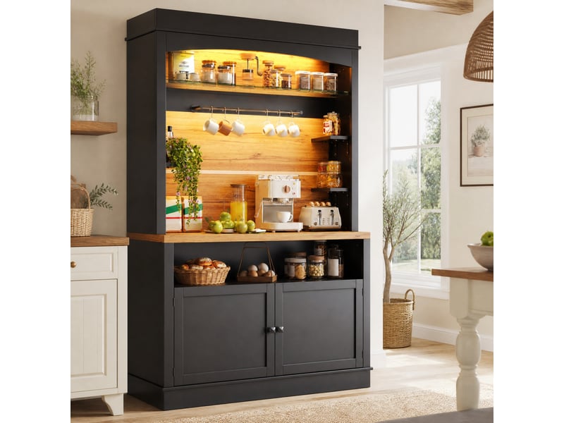  Lot de 2 buffets hauts de cuisine led 107 x 43 x 184 cm, mdf et métal noirs  - Conforama B