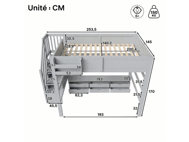 Lit mezzanine 140 x 200 cm avec 6 tiroirs et escalier de rangement, en pin et mdf gris pour chambre enfant  - Conforama C
