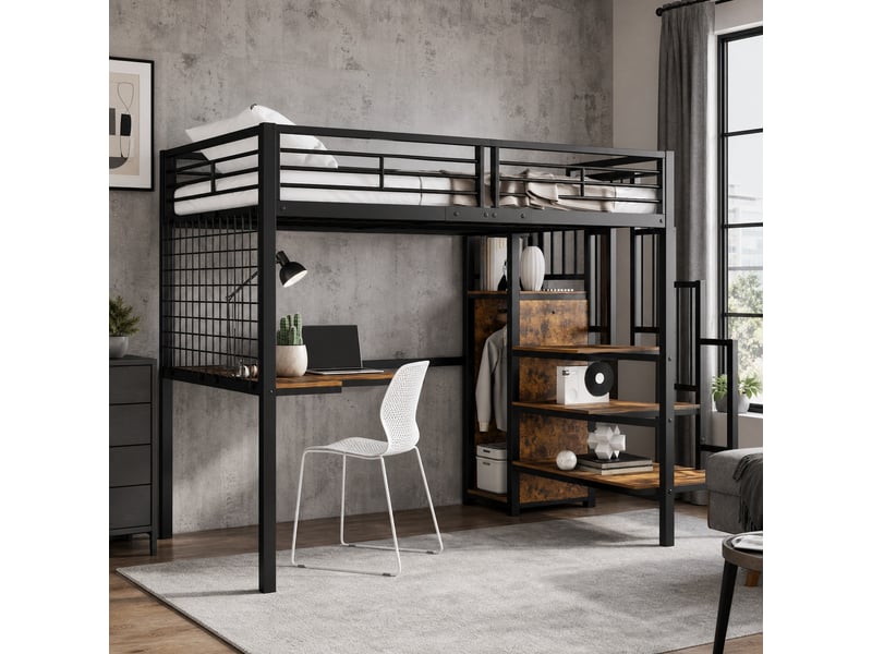  Lit mezzanine 1 place avec armoire, table et escalier latéral, 200x90 cm, sans matelas, noir et noyer foncé  - Conforama C