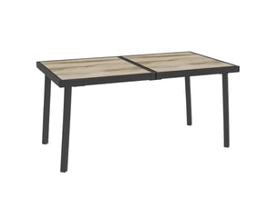 Table de jardin 145 x 85 x 72 cm grise en acier, plateau plastique aspect bois, pour 6 personnes