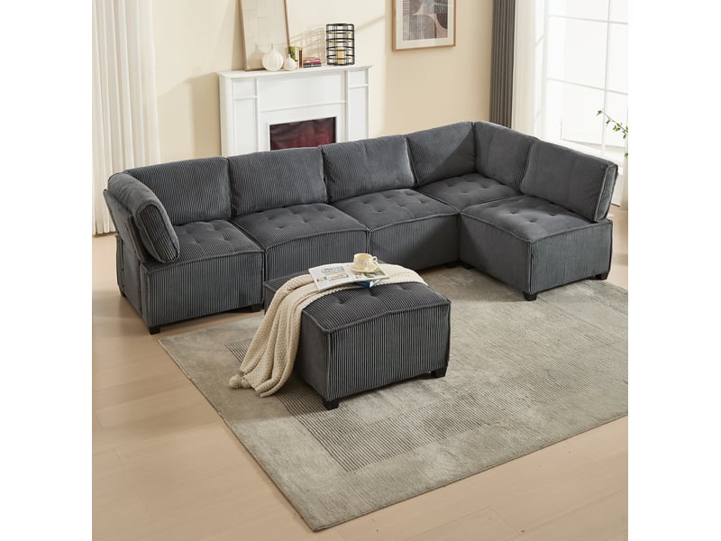  Canapé modulable 6 places en velours côtelé gris - 308 x 154 x 81,99 cm  - Conforama B