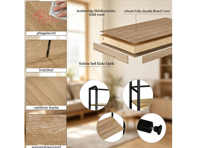 Bibliotheque 6 niveaux 50x30x176 cm mdf et métal noir et chêne clair  - Conforama R