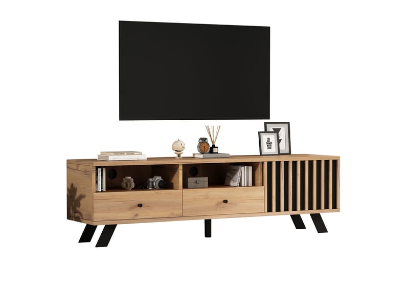 Meuble tv bas 150 cm avec 2 tiroirs et porte, effet bois, meuble de salon, aggloméré, bois et noir - Conforama A