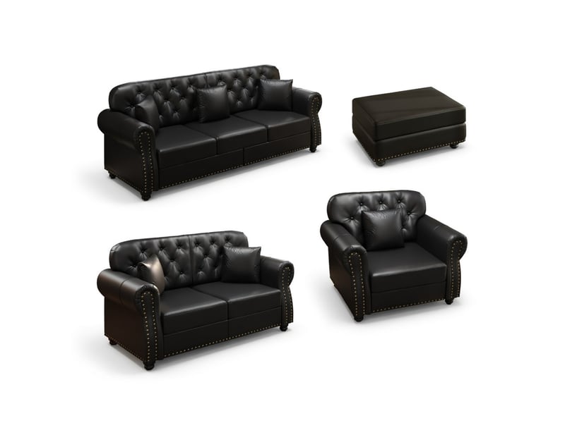  Canapé droit noir en simili, 6 places, style chesterfield avec finition boutons et accoudoirs arrondis  - Conforama A