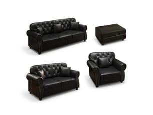 Canapé droit noir en simili, 6 places, style chesterfield avec finition boutons et accoudoirs arrondis