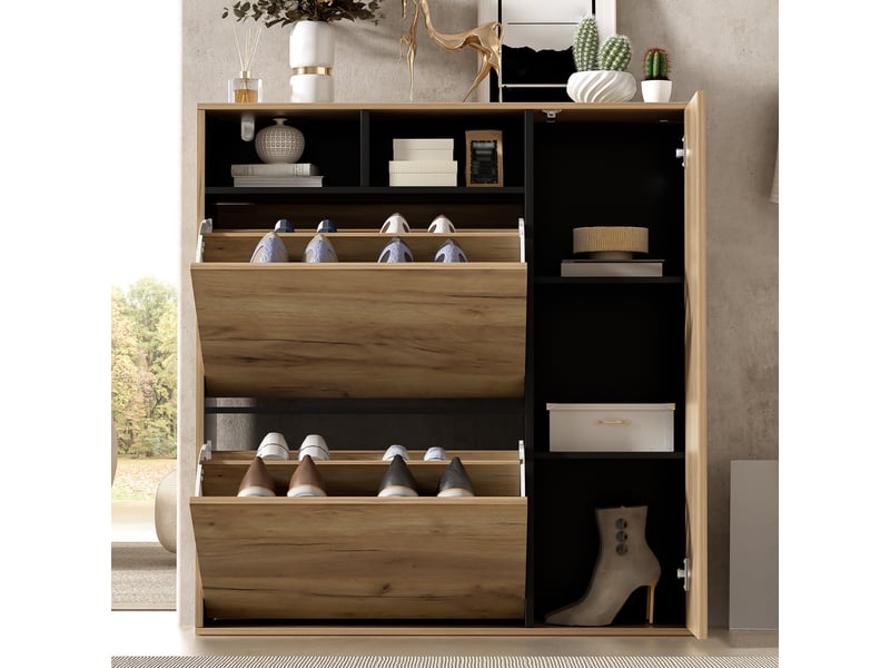  Meuble à chaussures 90x24x94cm - meuble à chaussures avec 2 abattants, 1 porte et niches ouvertes - bois et noir  - Conforama B