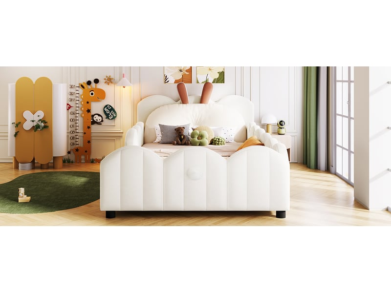  Lit enfant plateforme 90x200 cm beige rembourré avec barrières et coussin lapin  - Conforama W