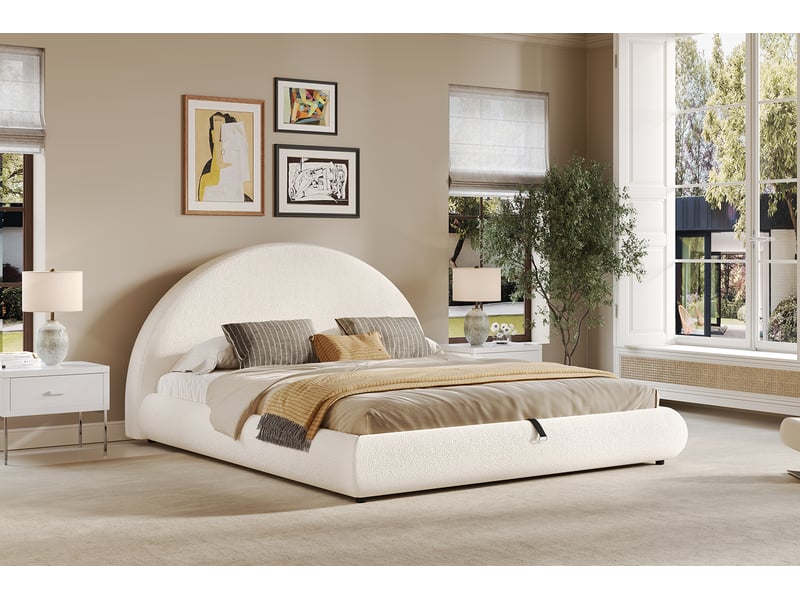 Lit coffre bouclé blanc à tête de lit arrondie 160 x 200 cm Fay Lum - Conforama D