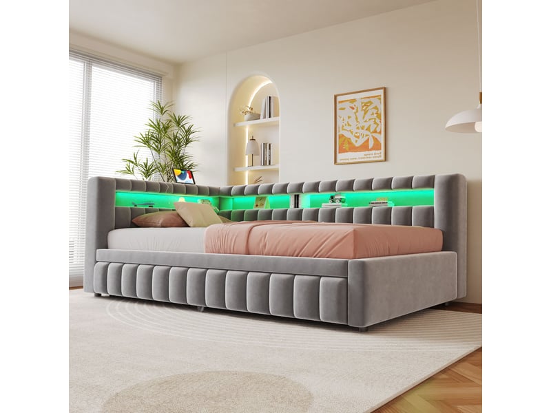  Lit banquette convertible 90x200 cm avec lit gigogne, led, usb et type-c, tête de lit avec rangement, velours gris clair  - Conforama C
