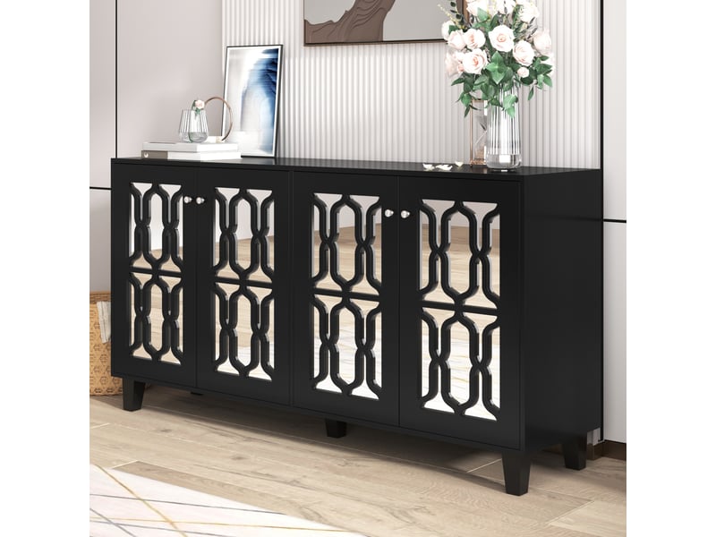  Buffet 4 portes avec façade miroir et 2 étagères réglables pour salon en mdf 160×40×84 cm noir  - Conforama C