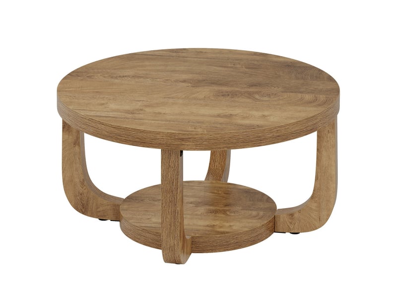 Table basse ronde, table basse ronde à deux niveaux avec rangement, table d'appoint moderne en bois, plateau et structure épais, chêne rustique