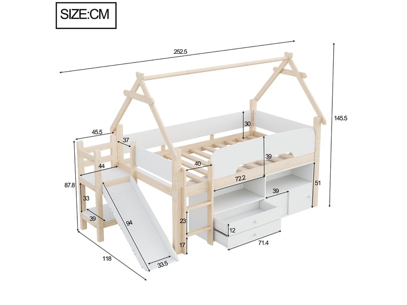  Lit mezzanine enfant 90x200 cm avec toboggan et rangements, bois et mdf  - Conforama E