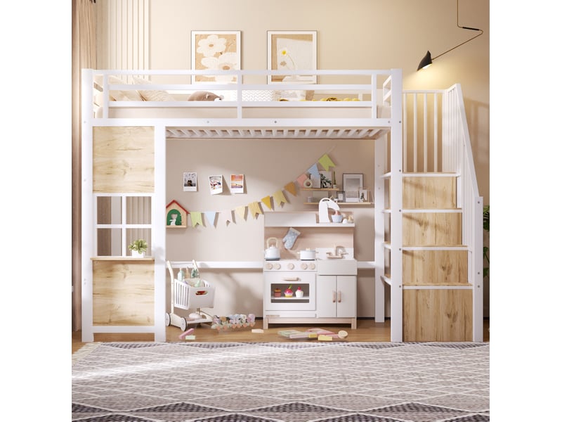  Lit mezzanine enfant 90x200 cm avec escalier de rangement blanc  - Conforama D