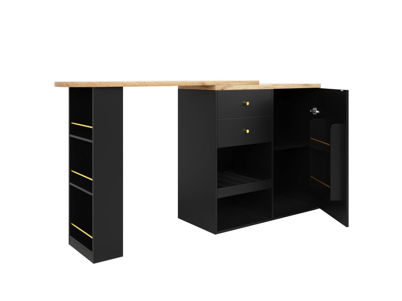  Desserte bar pivotante 138 x 39 x 102 cm noire en mdf, 2 tiroirs, porte et étagères latérales ouvertes  - Conforama D