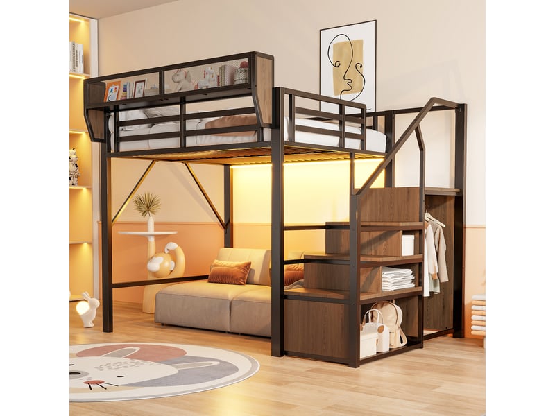  Lit surélevé modenvie 140 x 200 cm avec bande led, échelle de sécurité et rangement modulable en métal noir  - Conforama D