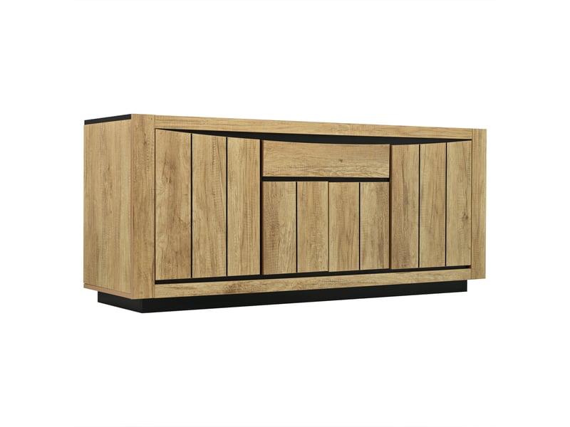  Buffet de rangement 140x40x60cm, 4 portes et 1 tiroir, fermeture douce, sans poignées, mdf, pour salon, finition bois et noir  - Conforama A