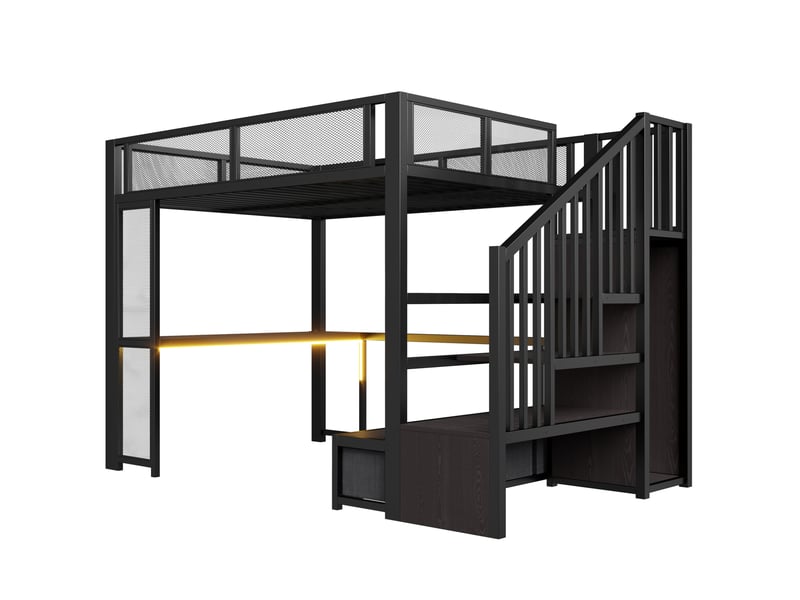  Lit mezzanine enfant 140 x 200 cm noir en métal et mdf, avec bureau, rangements, usb et éclairage led  - Conforama D