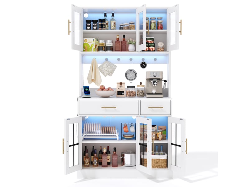 Buffet vaisselier haut 100x40x180cm avec led et prises | style moderne en mdf et verre trempé | rangement cuisine avec tiroirs - blanc - Conforama A
