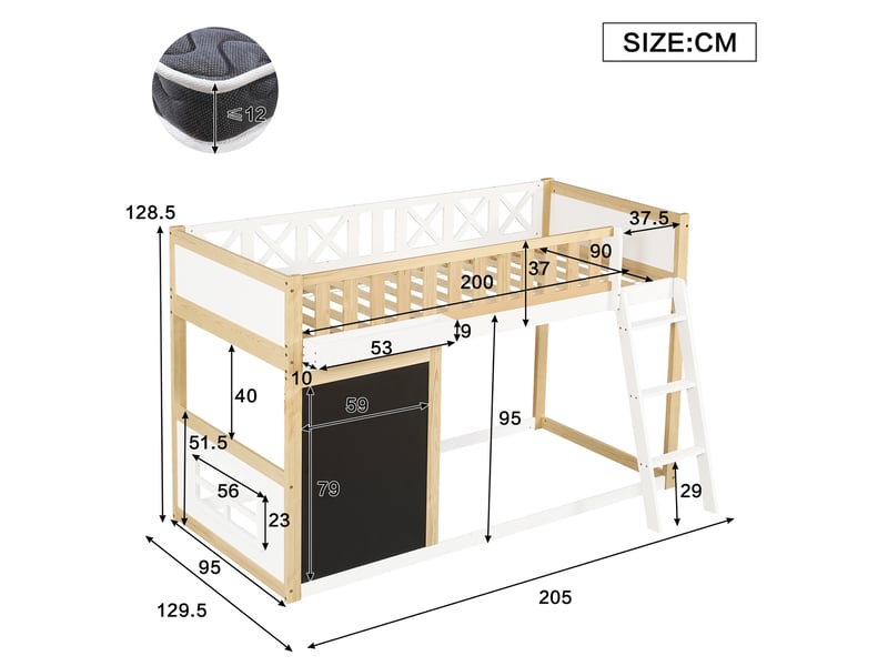  Lit mezzanine enfant 90 x 200 cm blanc et naturel avec tableau et rangement  - Conforama E