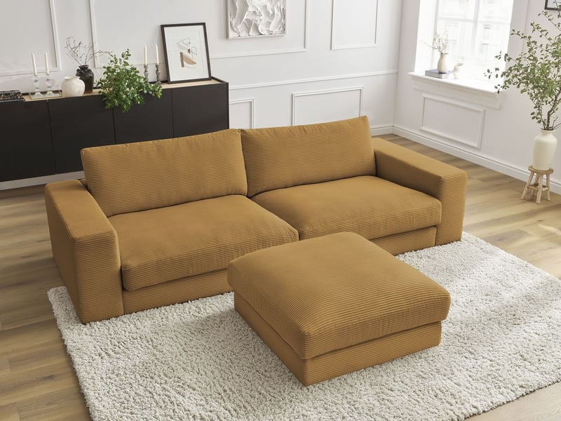Bobochic canapé droit fixe 3 places leonard velours côtelé avec pouf jaune LEONARD - Conforama D