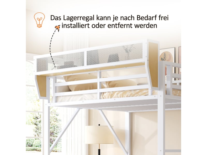 Lit mezzanine 140x200 en métal blanc, adapté adulte et enfant, avec bureau intégré, étagères, rangements, éclairage led et prise électrique  - Conforama D