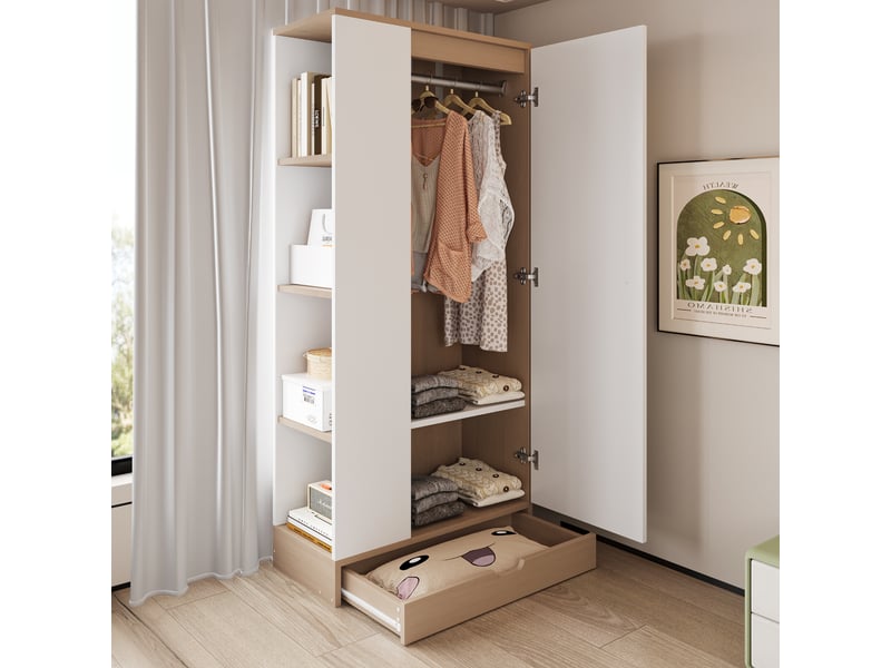  Armoire 70*40*170cm, une porte, étagères et tiroirs, bois naturel et blanc, rangement pratique pour chambre.  - Conforama E