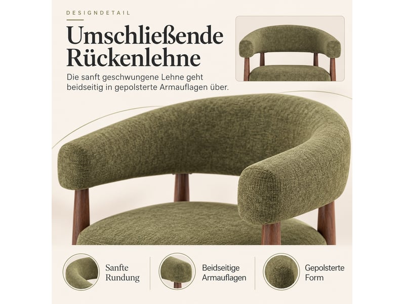  Lot de 2 chaises de salle à manger 60x59x75 cm, accoudoirs, chenille, métal aspect noyer, vert olive  - Conforama D