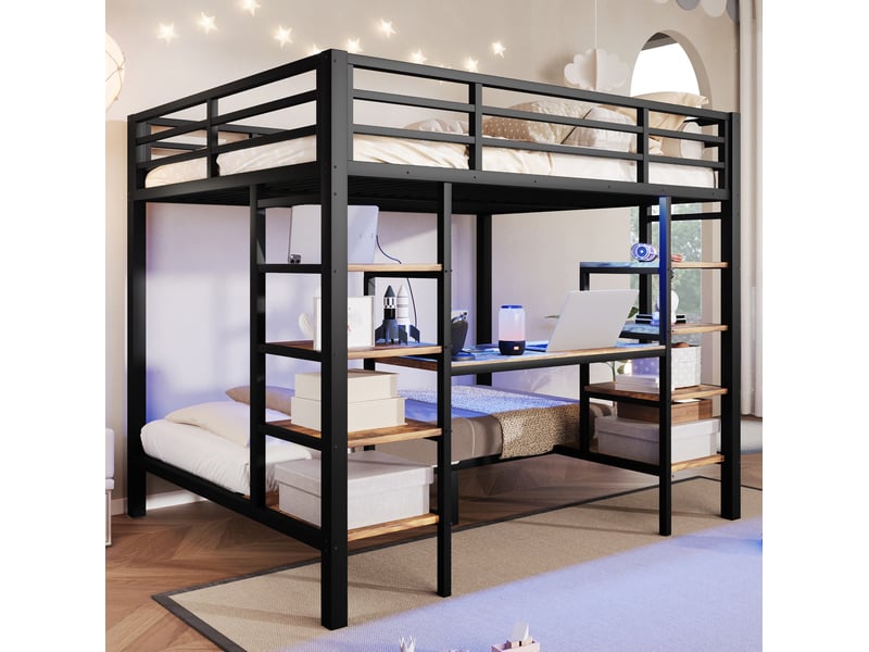Lit superposé 140 × 200 cm et 90 × 200 cm avec étagères ouvertes, led et prises intégrées pour chambre à coucher - Conforama B