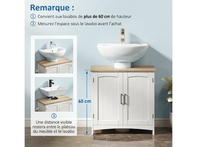 Meuble salle de bain sous lavabo à double portes avec étagères réglables, blanc et bois naturel - Conforama E