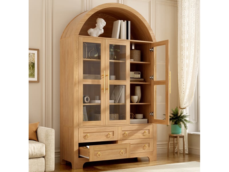  Buffet haut 3 portes vitrées et 4 tiroirs 110x40x185 cm coloris naturel  - Conforama B