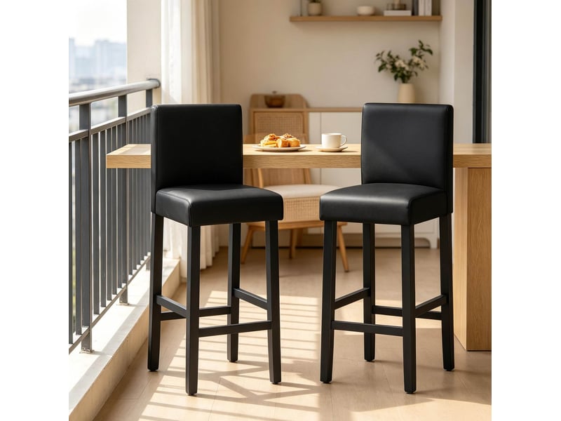  Tabouret de bar lot de 2 avec dossier ergonomique et repose-pieds en similicuir, bois, noir  - Conforama C
