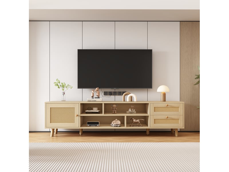 Meuble tv 160 cm en panneaux de particules et rotin, 2 tiroirs, chêne clair  - Conforama D