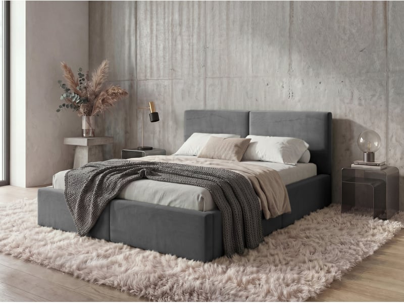  Lit coffre rembourré 120x200 2 places avec sommier relevable gratuit inclus et tête de lit - lit adulte avec rangement – graphite Hilton Interbeds - Conforama C