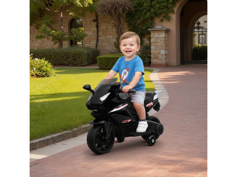  Moto électrique enfants, moto à batterie 6 v avec effets lumineux et sonores, roues d'entraînement, 75x36x49cm, noir  - Conforama D