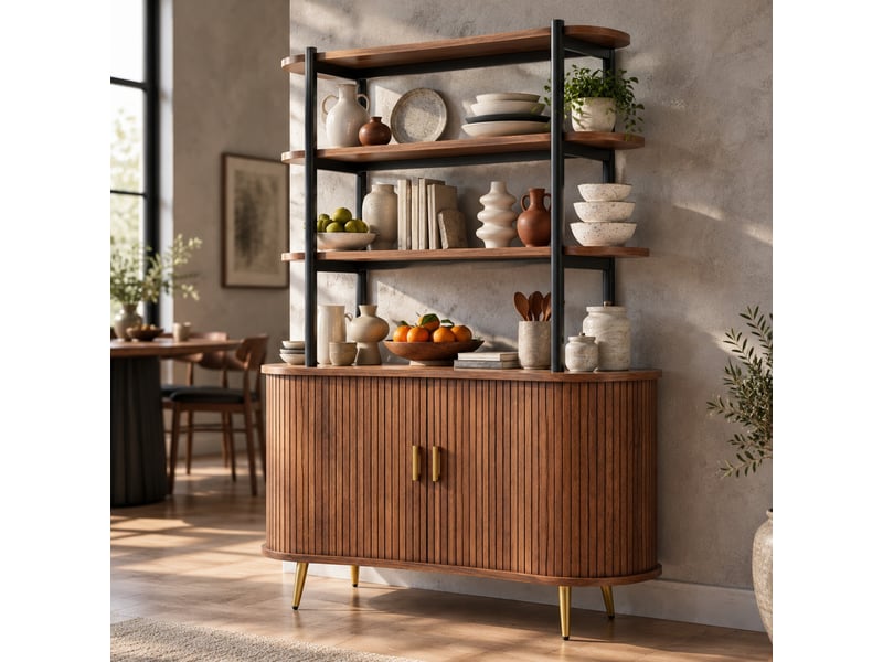  Buffet de cuisine avec portes coulissantes et 4 étagères ouvertes, pieds métal dorés, en mdf, bois, 120 × 40 × 183 cm  - Conforama B