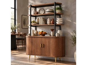 Buffet de cuisine avec portes coulissantes et 4 étagères ouvertes, pieds métal dorés, en mdf, bois, 120 × 40 × 183 cm