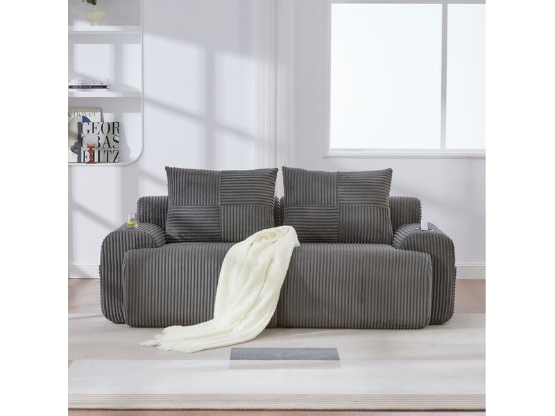  Canapé modulaire 2 places avec porte-gobelets et poche latérale, en velours côtelé gris foncé 200 × 99 × 80 cm  - Conforama B