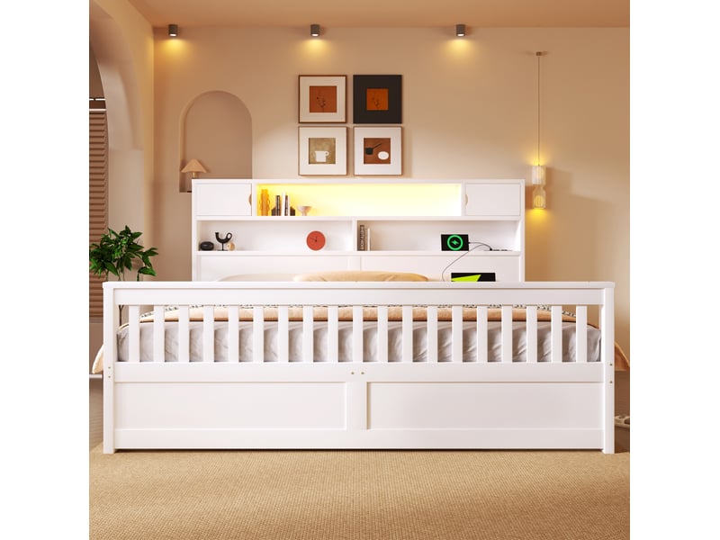 Lit plateforme 180 x 200 cm avec rangements, led, usb et 4 tiroirs blanc - Conforama D