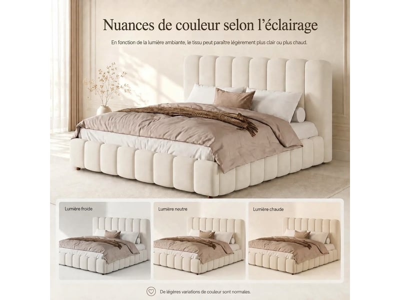  Lit double 180x200 lit coffre hydraulique velours beige avec sommier et tête de lit rembourrée  - Conforama E