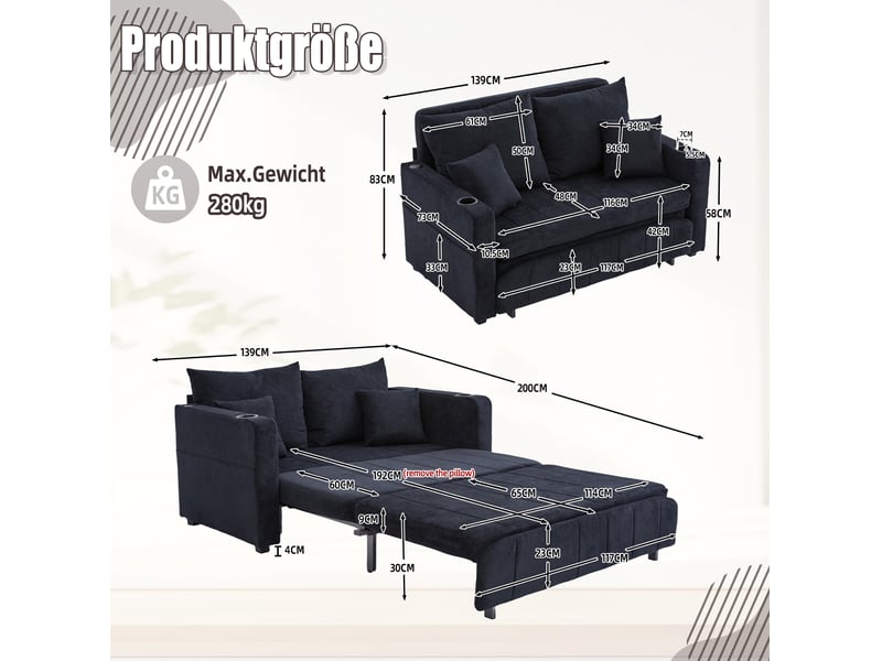  Canapé droit convertible 2 places en tissu noir avec usb, porte-gobelets et poches de rangement pratiques  - Conforama C