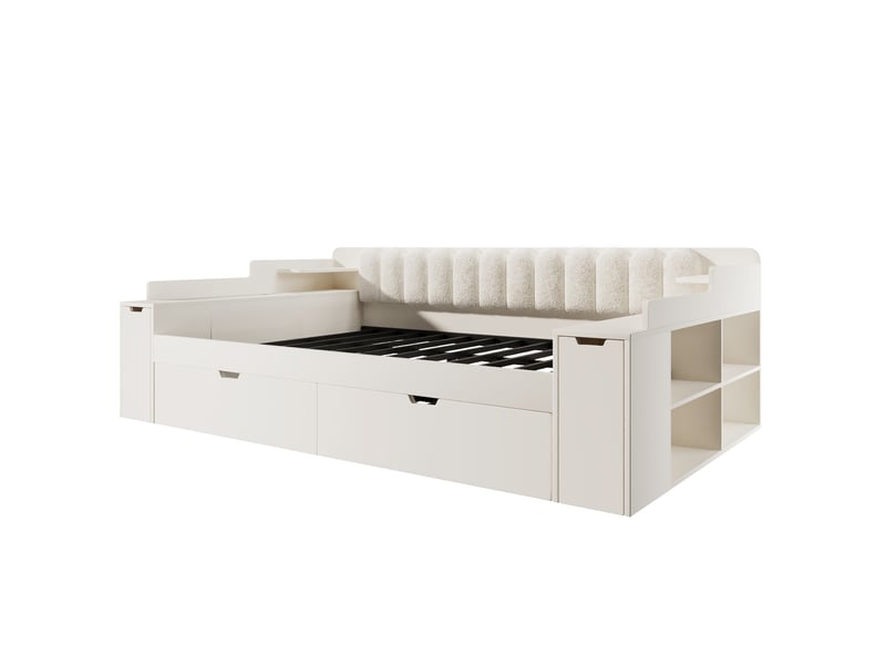 Lit avec rangement 140 x 190 cm, tête de lit sherpa blanche et chargeurs usb intégrés - Conforama R