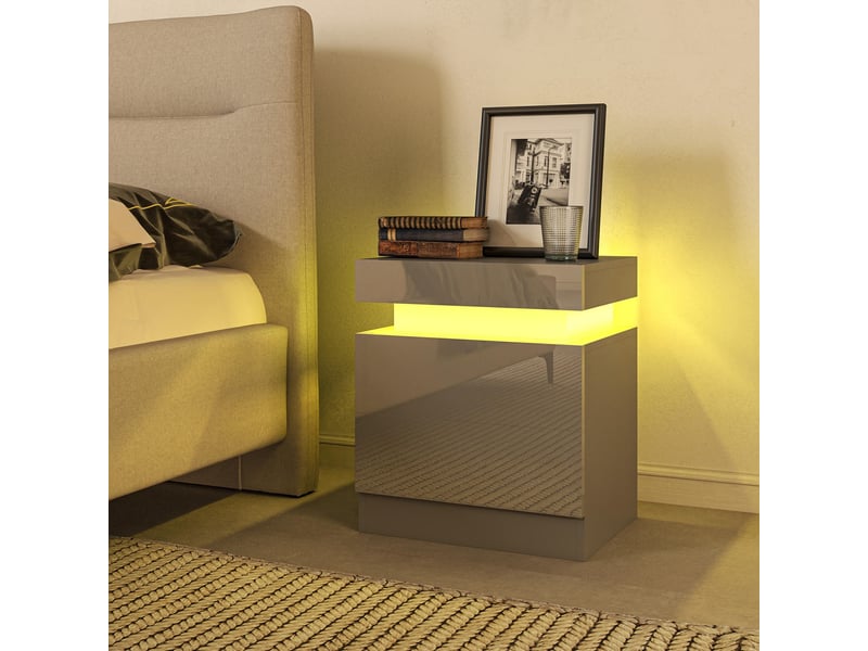  Table de chevet avec éclairage led, 2 tiroirs et commande par application, idéale pour la chambre ou le salon, 45 x 35 x 52 cm, grise  - Conforama D