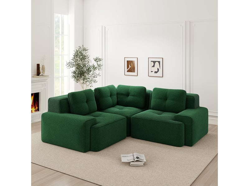  Canapé d'angle modulaire avec assise profonde et dossier enveloppant sans montage en tissu côtelé vert  - Conforama B