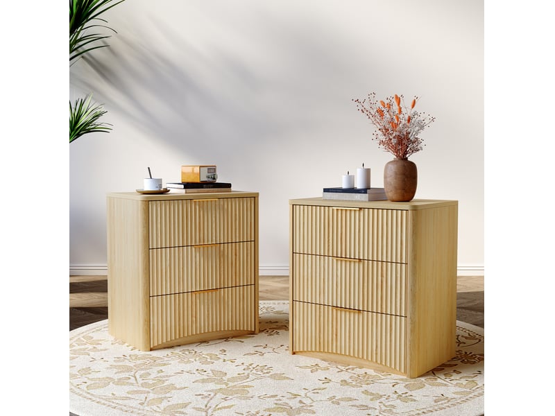 Table de chevet 58x38x64 cm – chêne – 3 tiroirs, design rainuré, poignées métalliques et structure stable - Conforama D