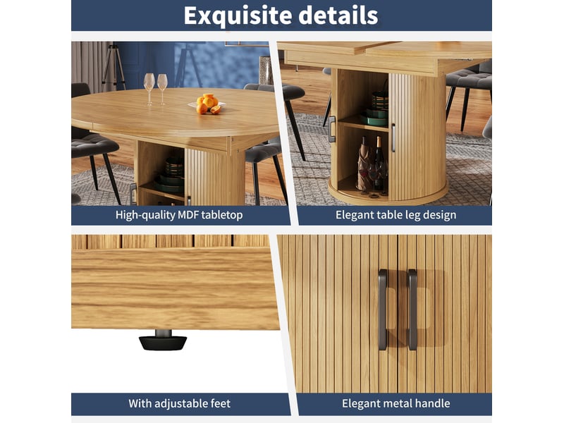  Table à manger extensible ronde 118-158x118 cm – naturel – rangement intégré et plateau ovale jusqu’à 6 personnes  - Conforama E