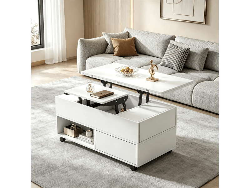  Table basse relevable blanche multifonction 100cm - 4 tiroirs, roulettes, rangement  - Conforama W