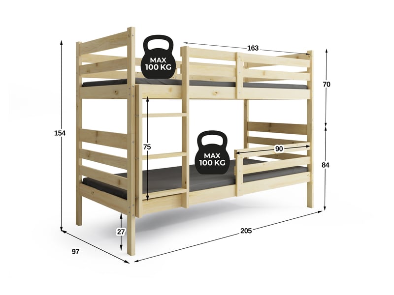 Lit superposé séparable 90x200 cm eric interbeds - bois massif de pin avec barrière et sommier - pin naturel - Conforama C