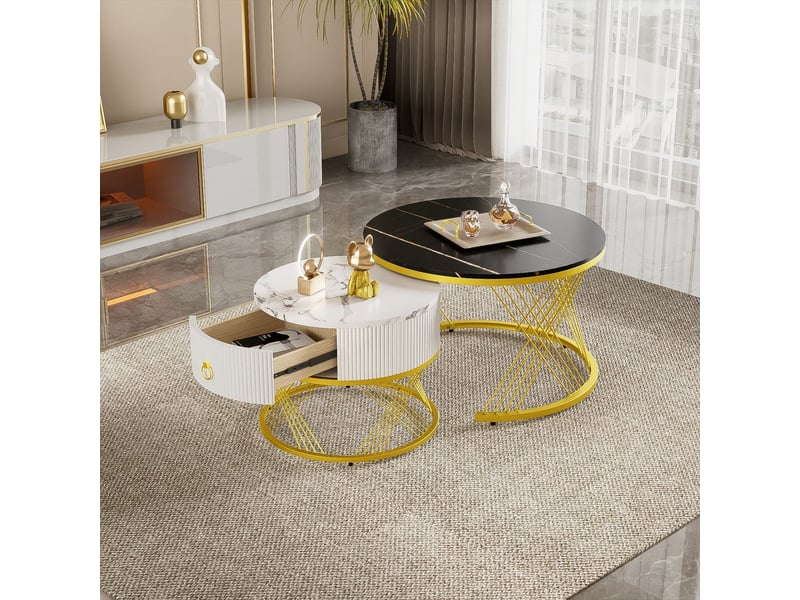  Table basse, plateau effet marbre et or, rangement intégré, pieds métal réglables  - Conforama A